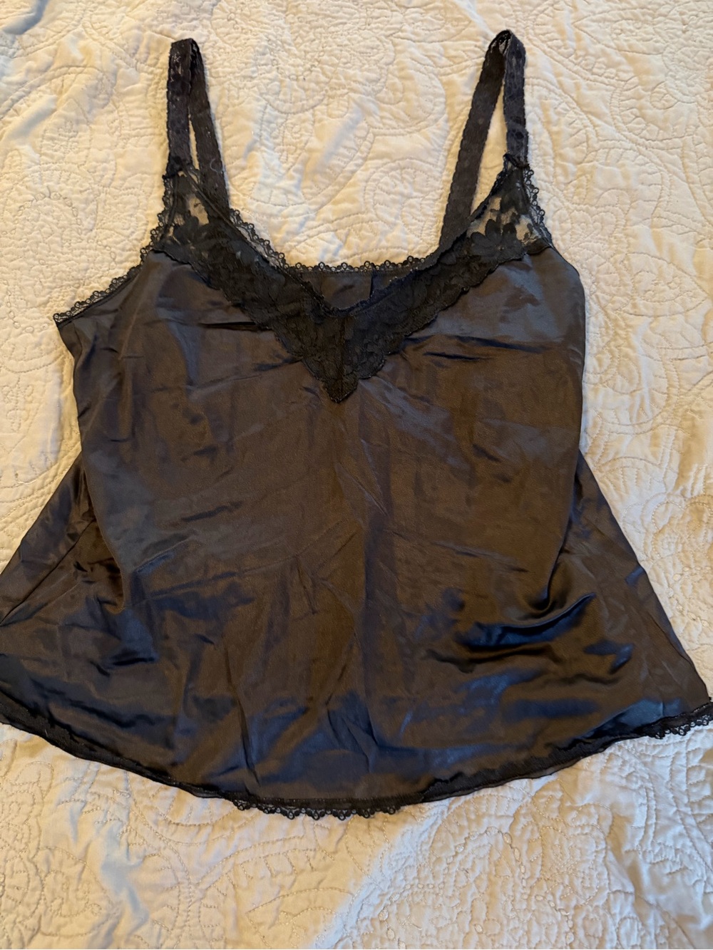 Maidenform Black Satin Lace-Trim Chemise Top